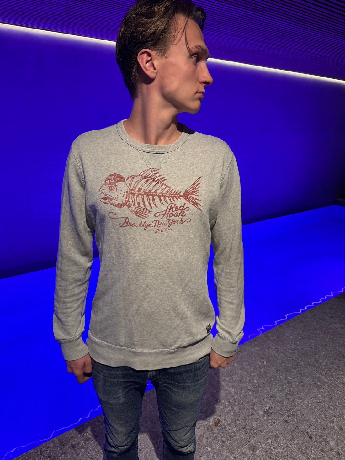 Denim & Supply Ralph Lauren Sweatshirt – Grå «Red Hook Brooklyn» fiskemotiv
