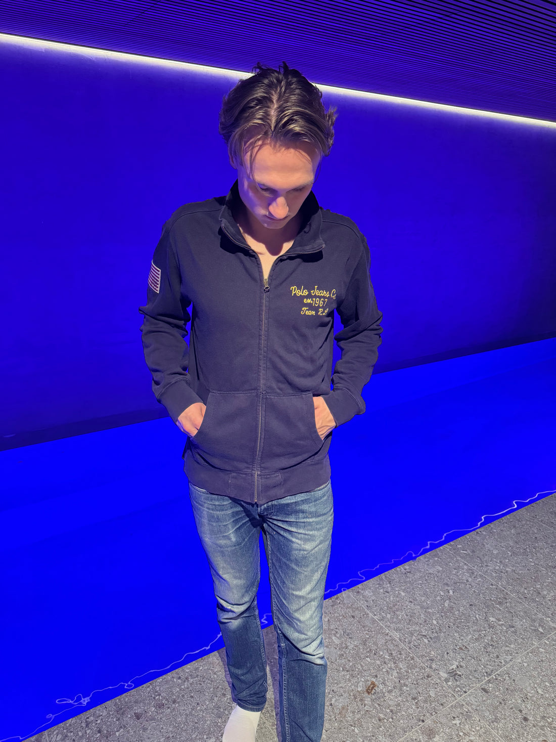 Polo Jeans Co. Zip-genser – Marineblå med gullbrodering «Team R.L.» L