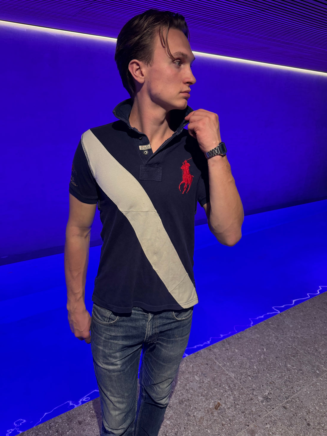 Polo Ralph Lauren Piké – Marineblå Big Pony med diagonal stripe S