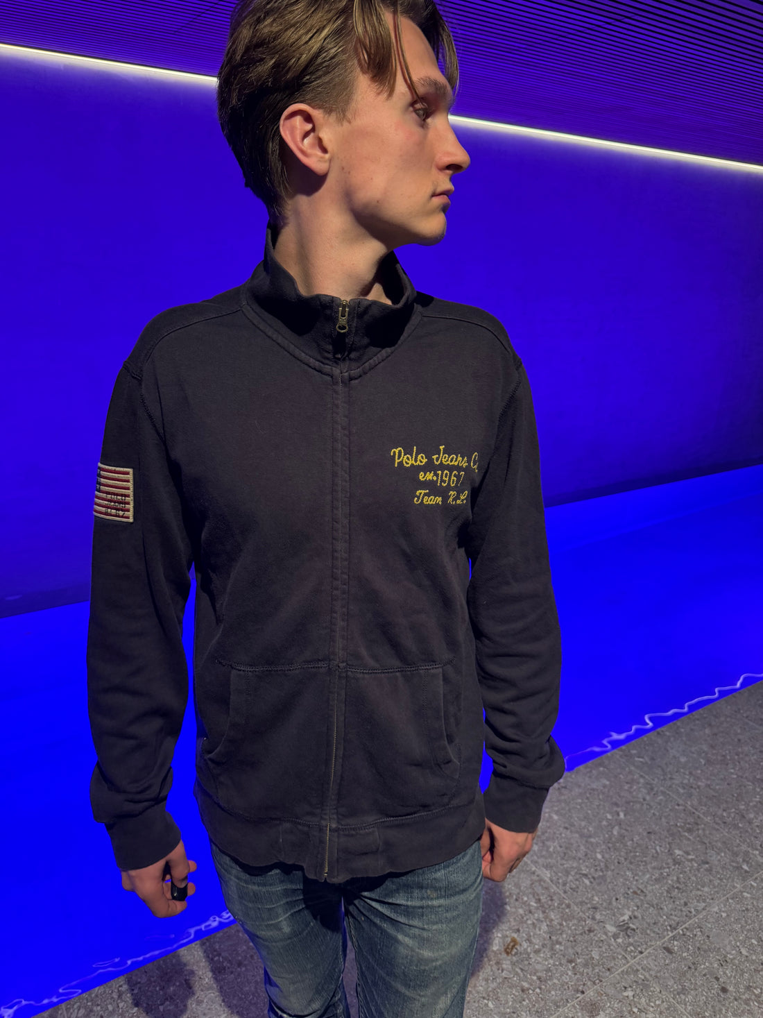 Polo Jeans Co. Zip-genser – Marineblå med gullbrodering «Team R.L.» L
