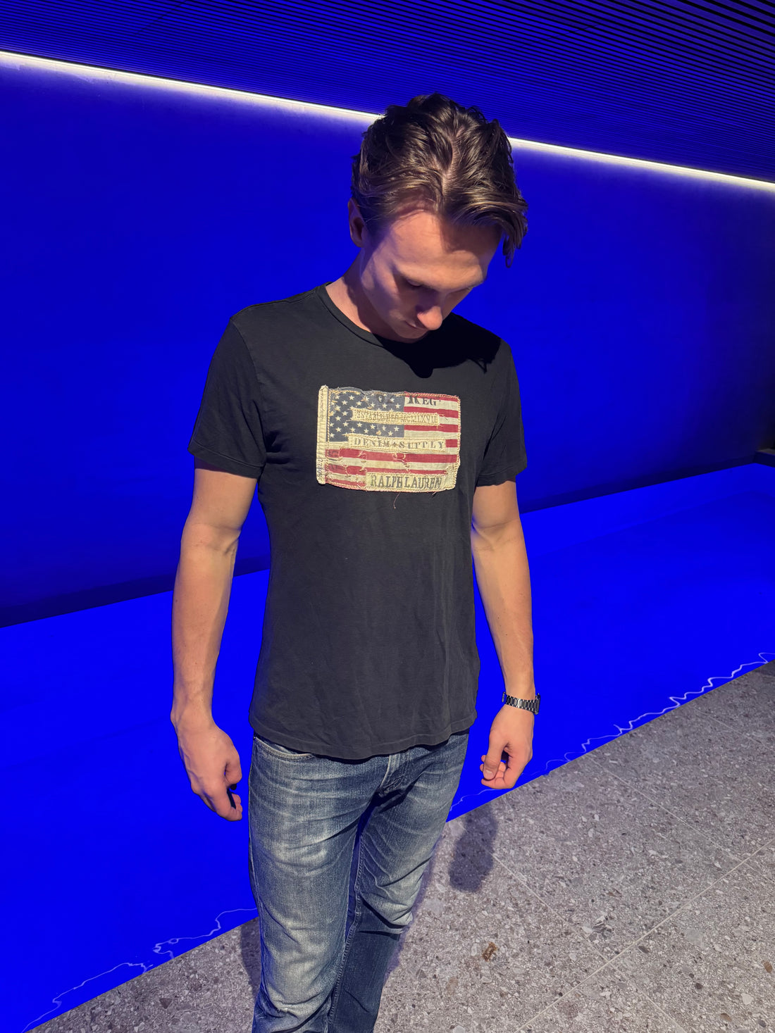 Denim & Supply Ralph Lauren T-skjorte – Svart med vintage flaggpatch, slim fit M