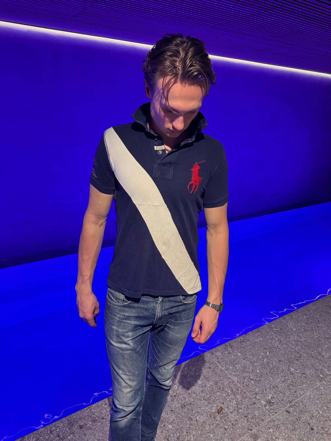 Polo Ralph Lauren Piké – Marineblå Big Pony med diagonal stripe S
