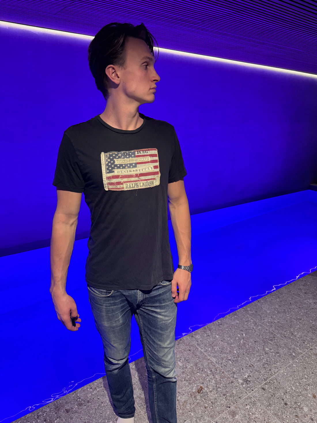 Denim & Supply Ralph Lauren T-skjorte – Svart med vintage flaggpatch, slim fit M