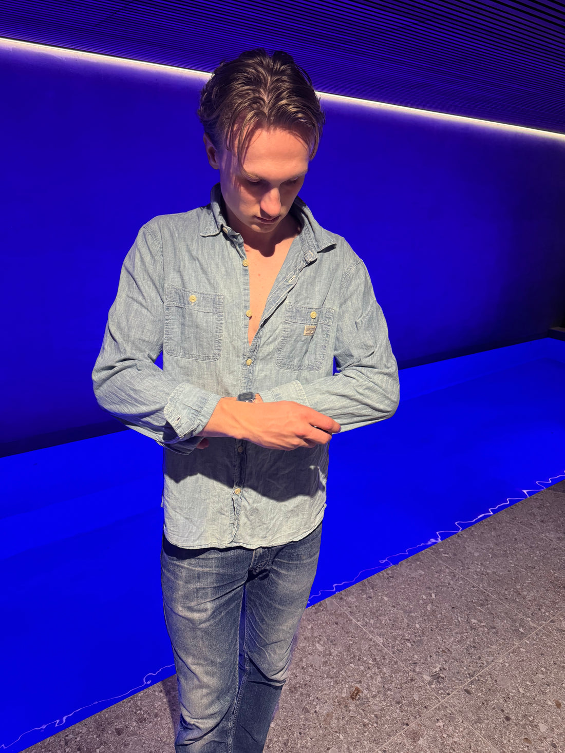 Denim & Supply Ralph Lauren Chambrayskjorte – Sjeldent kunstmotiv på ryggen L