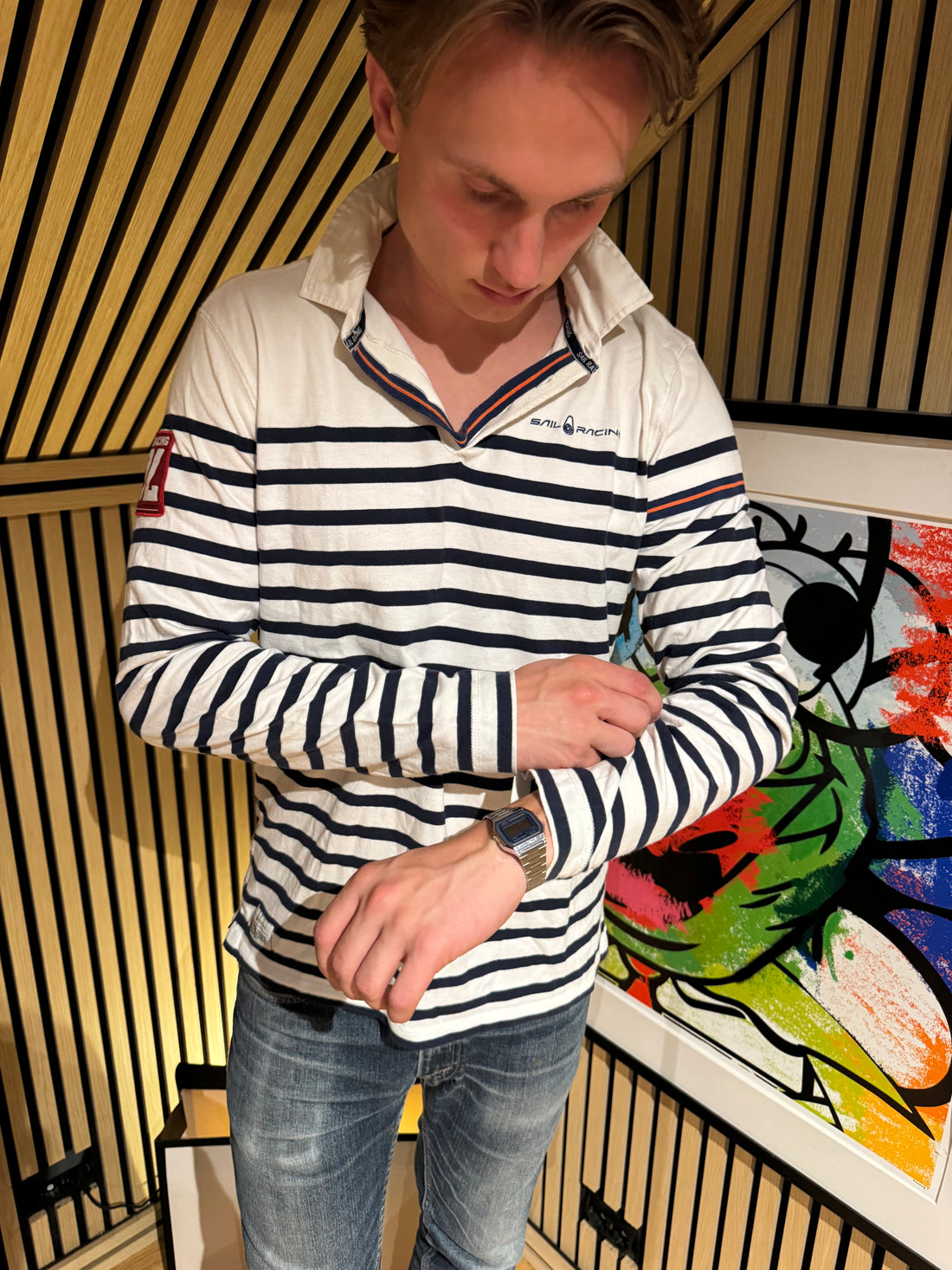 Sail Racing Rugbygenser – Hvit med marineblå striper