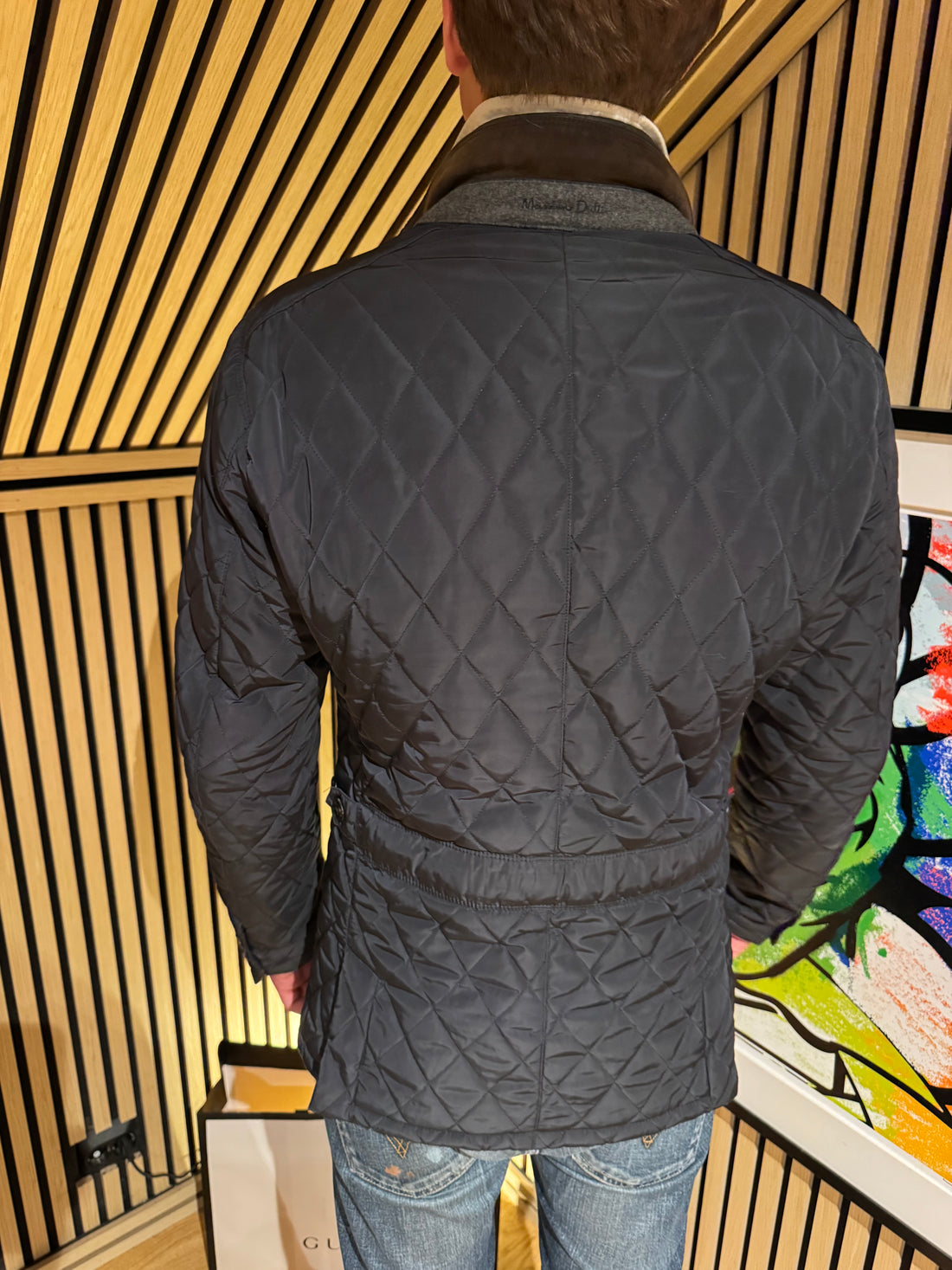 Massimo Dutti Quiltet Jakke – Marineblå med brun krage og innvendig glidelås