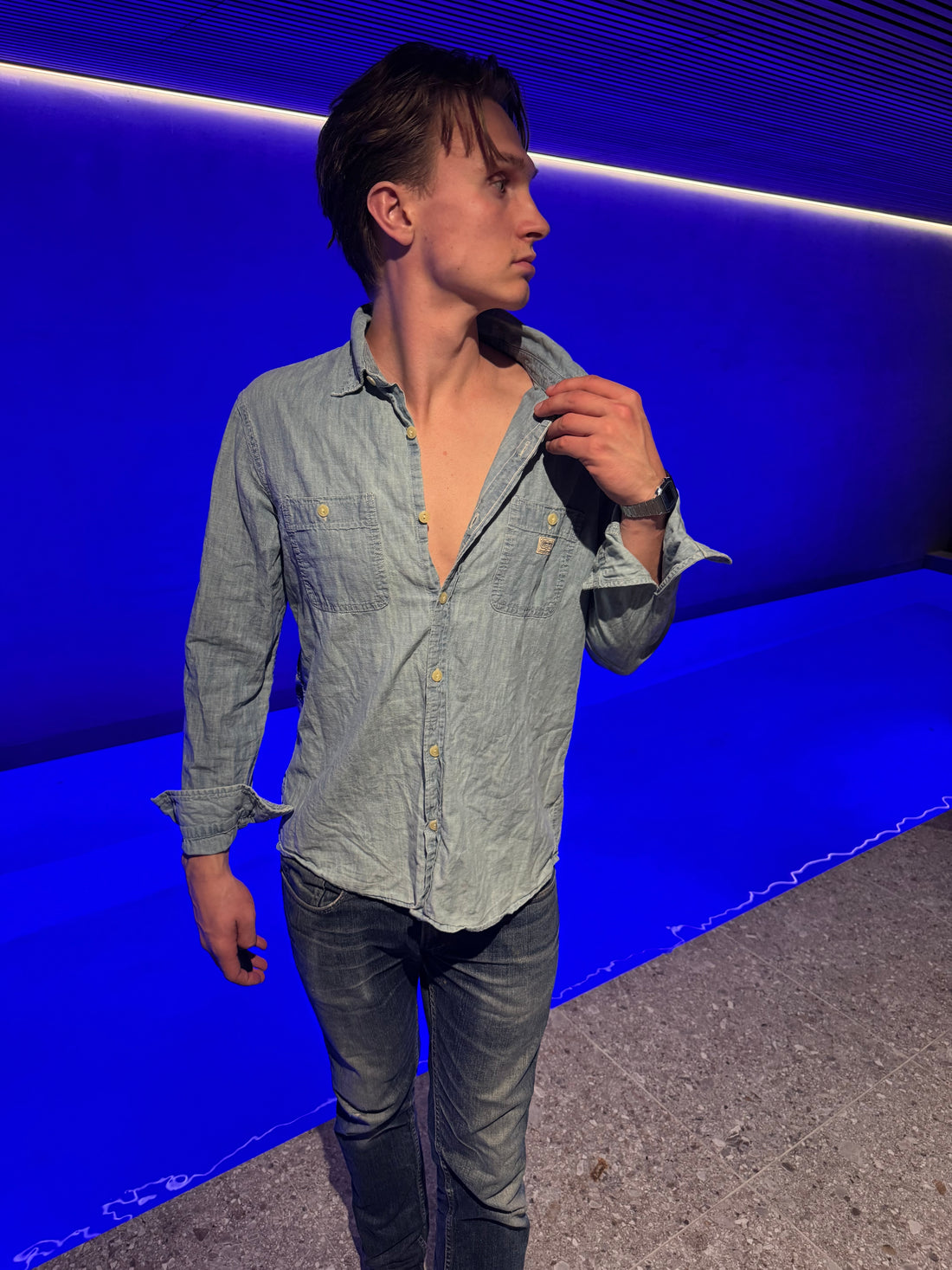 Denim & Supply Ralph Lauren Chambrayskjorte – Sjeldent kunstmotiv på ryggen L