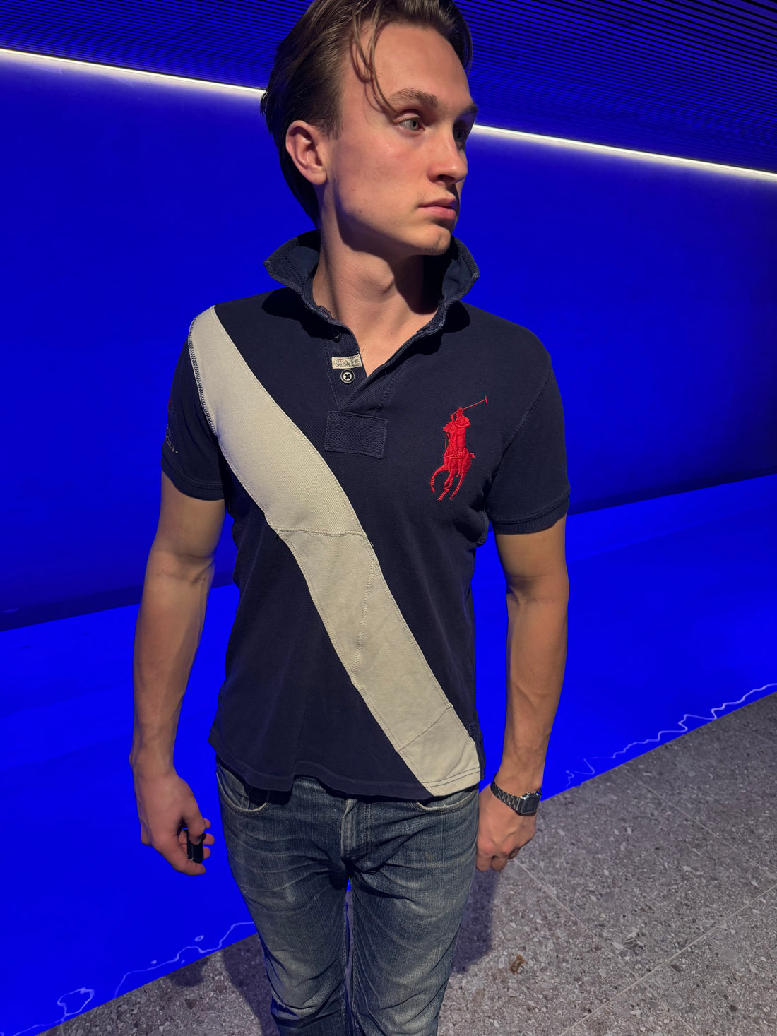 Polo Ralph Lauren Piké – Marineblå Big Pony med diagonal stripe S