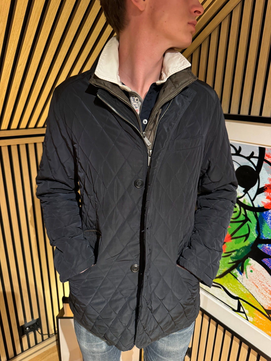 Massimo Dutti Quiltet Jakke – Marineblå med brun krage og innvendig glidelås
