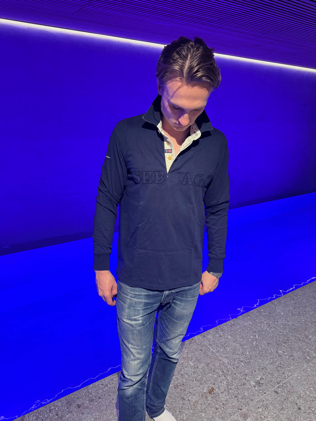 Sebago Rugbygenser – Marineblå med tone-i-tone «Sebago Est 1946 USA» L